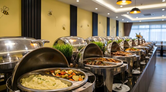 An inviting eye-level view of a vibrant, well-stocked buffet line in a modern restaurant, featuring an array of hot and fresh dishes ready for guests.