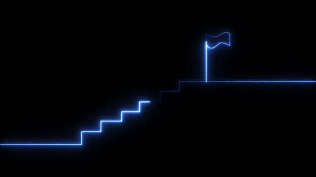 Glowing neon stairs sign with flag icon animation. Neon glowing Person Climbing Stairs Towards Success flag, Glowing neon business graph chart concept. Market signs in neon lights Glowing neon line.