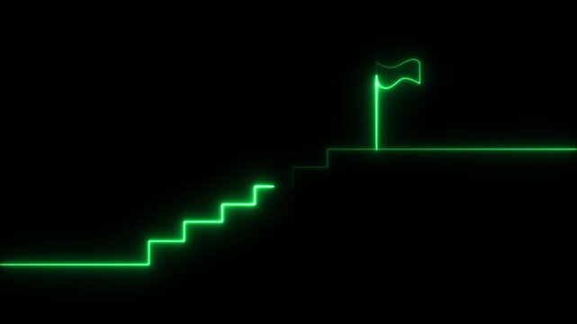 Glowing neon stairs sign with flag icon animation. Neon glowing Person Climbing Stairs Towards Success flag, Glowing neon business graph chart concept. Market signs in neon lights Glowing neon line.