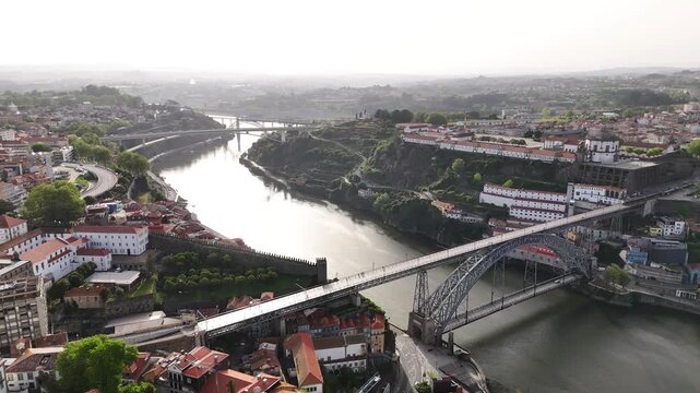 Porto portugal douro river and dom luis i bridge aerial view
