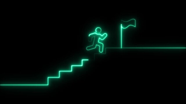 stairs icon sign icon animation on Glowing neon business graph chart concept .Man and stairs icon sign icon