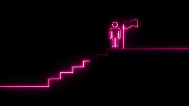 Glowing neon line of man conquering mountain peak icon isolated on transparent background. Neon Success concept .