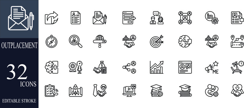Outplacement icon set collection in outline style. icon pack contains career, transition, support, guidance, coaching, cooperation, adapt, opportunity, network, and advice icons