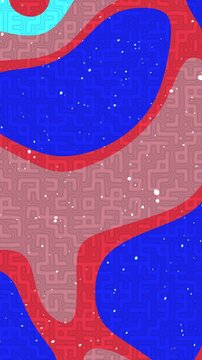 Abstract background with fluid shapes and intricate maze pattern texture in vibrant blue and red colors.