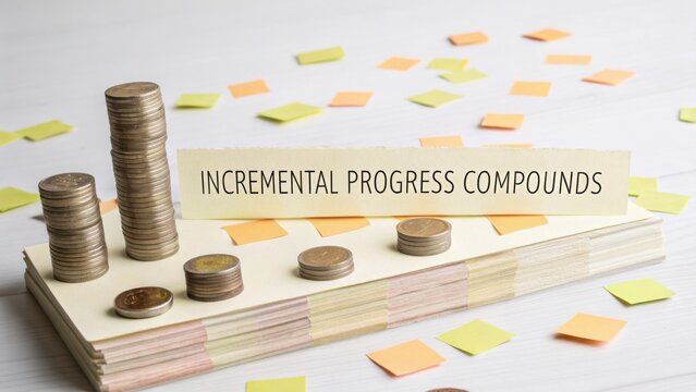 Coins stacked to signify incremental progress in achieving goals with colorful notes highlighting motivation and planning strategies