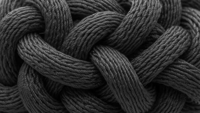 Close-up view of a dark grey monkey fist knot, showing intricate woven rope texture and overlapping cord patterns in a spherical shape
