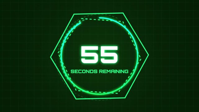 Green neon digital countdown timer with hexagonal frame and glowing numbers on dark background