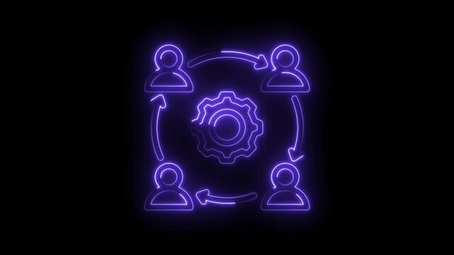 Neon glowing abstract cyclical process with four human figures and central gear mechanism... icon
