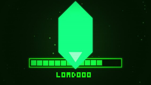 Retro computer loading screen with green geometric shape and progress bar on dark background