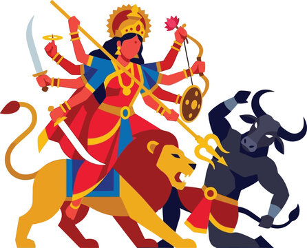 Goddess durga defeating buffalo demon mahishasura in epic battle with mahishasura mythology religion tradition illustration spiritual strength religious glorious