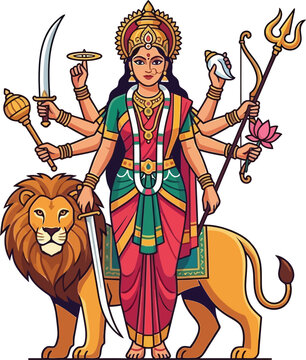 Hindu goddess durga standing with a lion and multiple weapons illustration multi armed hinduism mythology religion traditional illustration character navratri spiritual