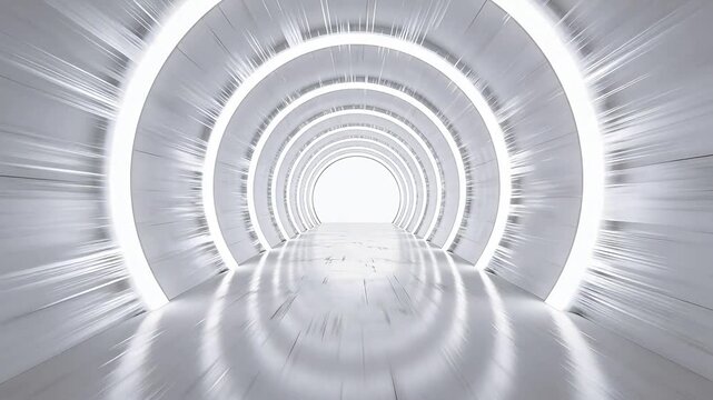 Concentric white rings forming tunnel with glowing edges and reflective floor