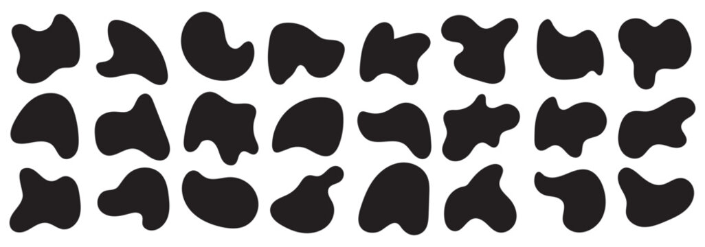 Abstract liquid blob or organic shape icon set in various styles, vector illustration for design elements. Black organic blob shapes and liquid asymmetric silhouette. Abstract organic blob shapes set