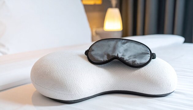 This serene bedroom scene features an ergonomic memory foam pillow and a silk eye mask on a white bed. Ideal for projects focused on restorative sleep, wellness, and modern lifestyle comfort.