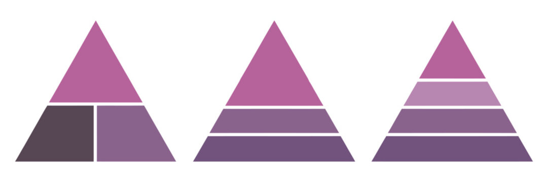 Pyramid infographic set, triangle hierarchy data segments, vector diagram presentation development levels chart flat design business structure visualization