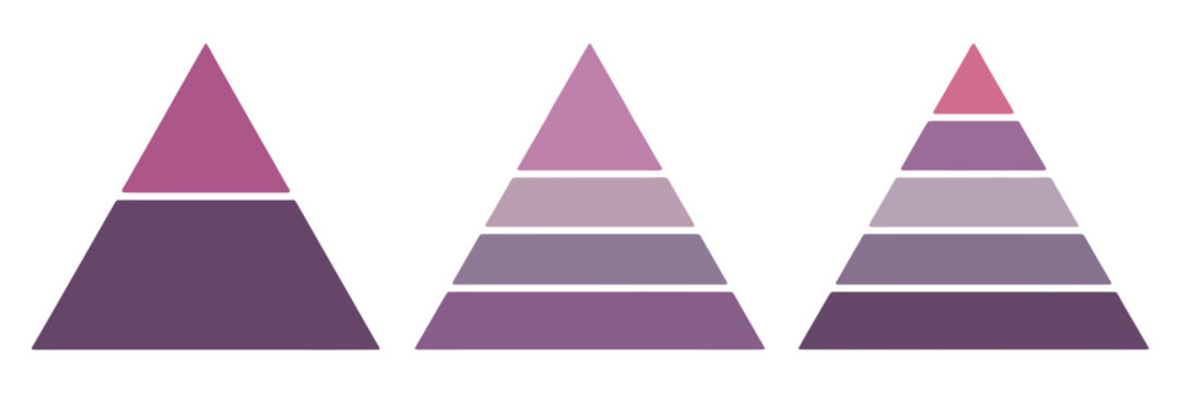 Pyramid infographic set, triangle hierarchy data segments, vector diagram presentation development levels chart flat design business structure visualization