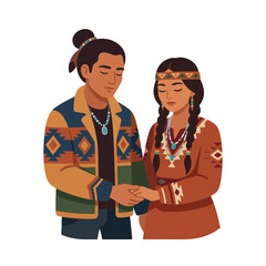 Fototapeta premium Indigenous Couple Holding Hands, Traditional Attire, Peaceful Connection