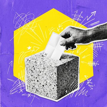Collage style illustration of a black and white cutout of a hand inserting a white ballot paper into a ballot box. The background is a vibrant color with geometric shapes.