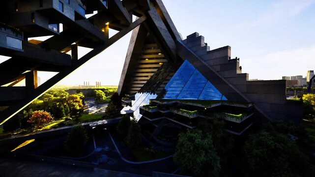 Brutalist monument with reflective pool sunset, lowangle view of triangular concrete staircase and geometric terraces, water mirror casting deep shadows, mossy