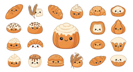 Fototapeta premium Kawaii Bakery Character Illustration Set Featuring Cute Cartoon Bread, Pastries, Cinnamon Rolls, Croissants, Baguettes, and Muffins with Smiley Faces on White Background.