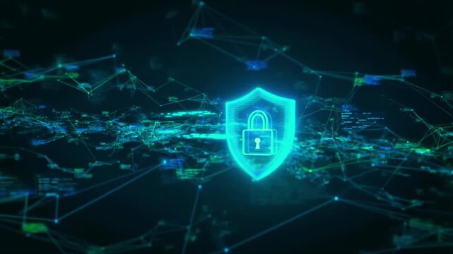 Cybersecurity Shield with Digital Network: A glowing shield icon with a padlock symbolizes digital security and data protection, set against a futuristic.
