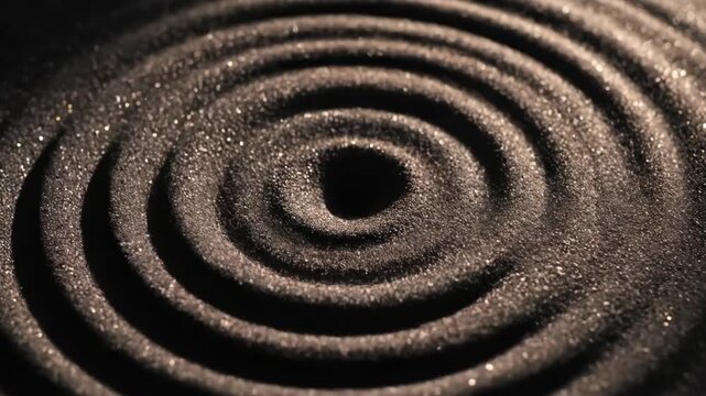 Detailed macro shot dark vibrating sand forms perfect concentric circular ripples showcasing mesmerizing scientific pattern commercial presentation.