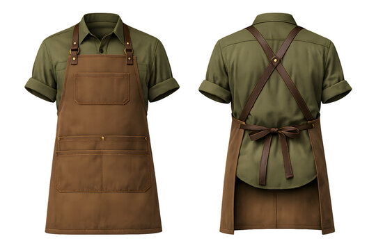 Olive Green Short Sleeve Chef Apron with Brown Leather Cross Straps and Pockets