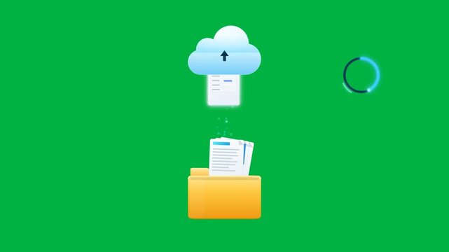 Cloud backup upload green screen animation with folder and files on chroma key background