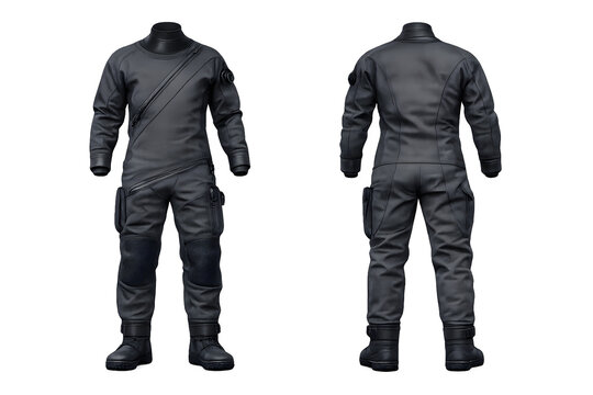 High-Quality Black Leather Dive or Flight Suit with Reinforced Knee Pads and Zippered Pockets