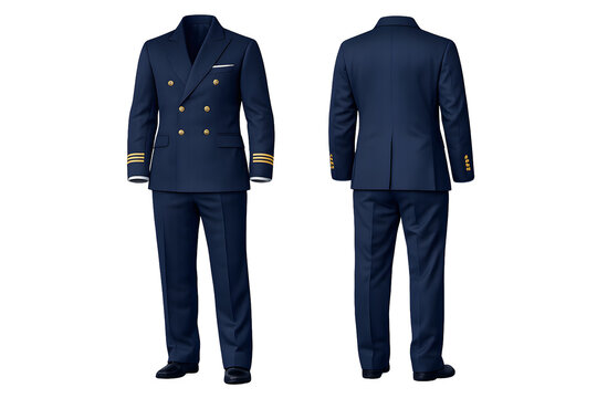 Navy Blue Double-Breasted Uniform Suit with Gold Epaulettes and Cuff Strips - Formal Menswear Outfit