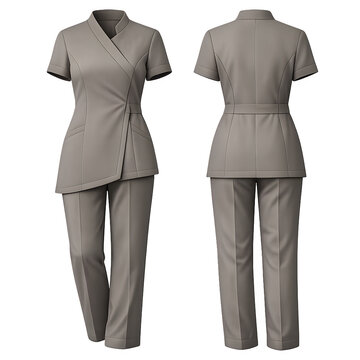 Professional Gray Nurse Scrub Suit with Short Sleeves and Asymmetrical Lapel Design