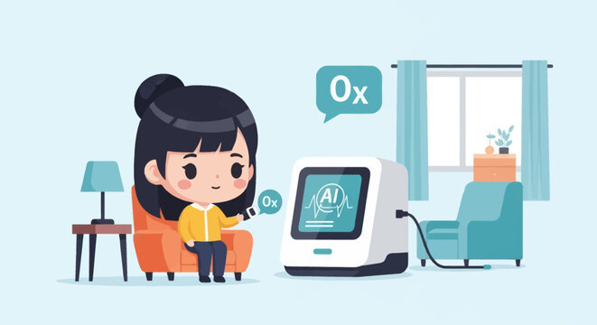 Chibi style vector illustration of a young woman sitting in an armchair at home, using a pulse oximeter and a smart AI medical monitoring device to check her oxygen saturation levels.