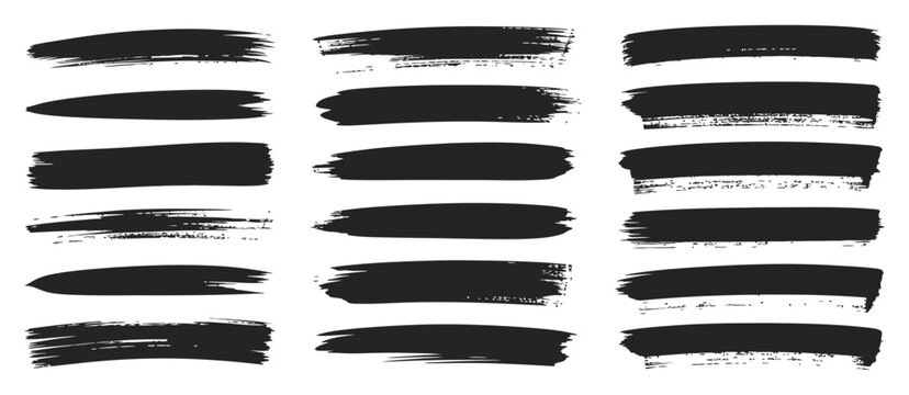 Set of vector paint brush strokes, ink splatter artistic elements, hand drawn grunge textures banner background black rough paint stripes smears design
