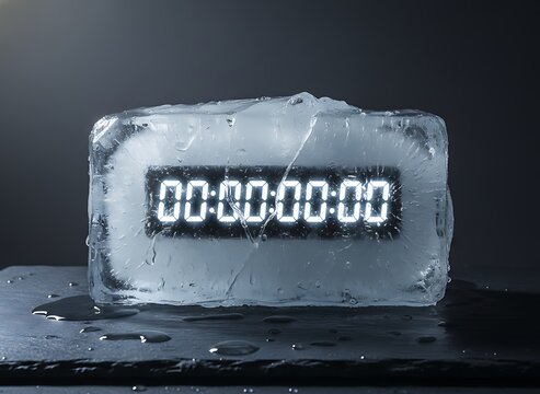 Digital clock frozen in a block of ice, representing the concept of time standing still, frozen time, or a deadline reaching zero on a dark slate background