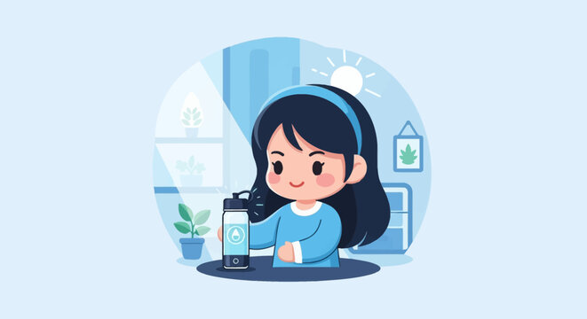 Chibi style vector illustration of a young woman with dark hair and a blue headband holding a glowing smart water bottle with a digital water drop icon in a light blue room.