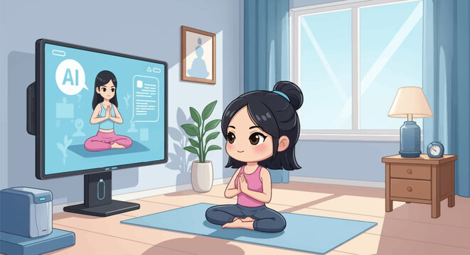 Cute chibi woman practicing yoga in a lotus pose on a blue mat while watching an AI-guided workout class on a television screen in a bright, modern living room interior.