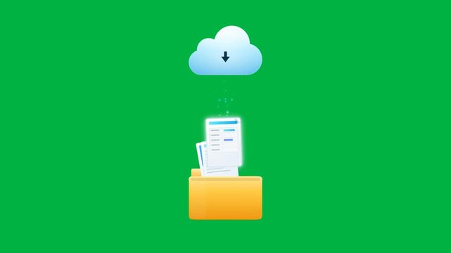 Cloud download restore green screen animation with folder and files on chroma key background