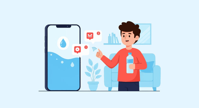 Flat vector illustration of a young man holding a water bottle while interacting with a large smartphone displaying a hydration tracking app with notification icons and bubbles.