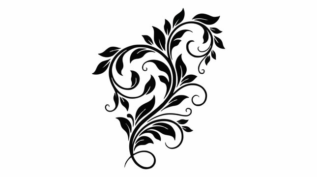 A beautiful black silhouette vertical vine scroll ornament with curling tendrils and dense leafy accents, isolated on a white background for upscale corporate or event designs
