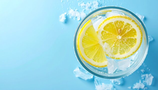右側に配置された凍ったレモンと氷の結晶が美しい霜降りグラス、左側に冷気とコピースペースが広がる爽快なクールブルー背景