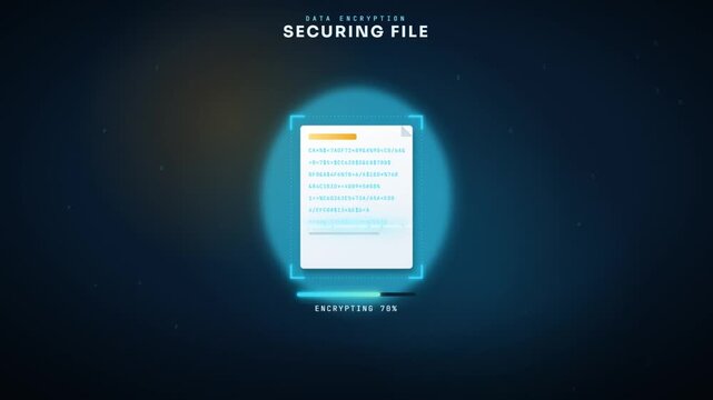 Data encryption animation with document text scrambling into code and padlock file secured