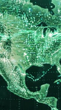 A Stunning Digital Visualization of Our Planet: A High-Tech Globe Featuring Africa and North America in Glowing Green Hues and Intricate Grid Patterns
