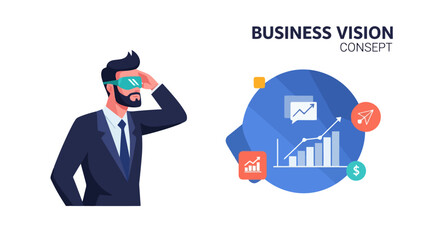 Naklejka premium Businessman wearing VR headset looking at a futuristic business growth chart with financial icons, representing business vision and strategy.