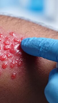 Close-Up Examination of an Inflamed Skin Condition with Fluid-Filled Bumps and Redness on the Surface Highlighting Potential Dermatitis or Infection Symptoms