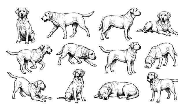 Vintage Labrador Retriever Dog Sketch Collection in Multiple Poses Vector Art