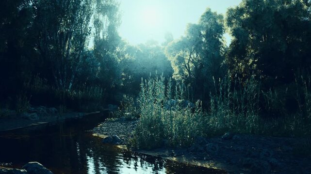 Misty blue dawn over marshland, glistening reeds and mirror water create cool moody scene with soft haze, ideal for editorial backgrounds and environmental