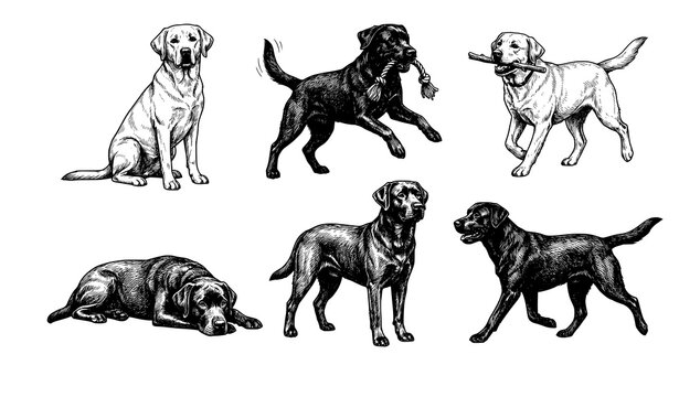 Hand Drawn Labrador Retriever Dog Pose Collection Sketch Vector Set