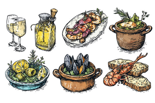 Illustrated Tapas Menu Template with Hand-Drawn Dishe isolated