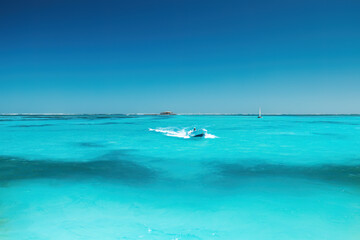 Naklejka premium Motorboat speeding through beautiful turquoise ocean water under a clear blue sky