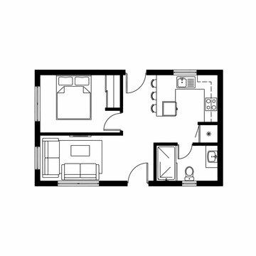 Minimalist one-bedroom tiny house floor plan, a detailed black and white illustration showing efficient layout with open living area, kitchen, and bathroom